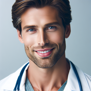 a photo realistic professionally appealing image of a good looking and athletic 35 to 45 year old happy smiling male white doctor with white teeth