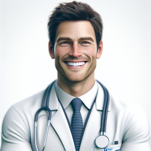 a photo realistic professionally appealing image of a good looking and athletic 35 to 45 year old happy smiling male white doctor with white teeth 210 300x300