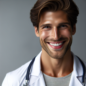 a photo realistic professionally appealing image of a good looking and athletic 35 to 45 year old happy smiling male white doctor with white teeth