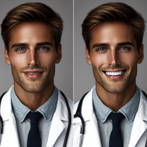 a photo realistic professionally appealing image of a good looking and athletic 35 to 45 year old happy smiling male white doctor with white teeth