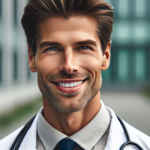 a photo realistic professionally appealing image of a good looking and athletic 35 to 45 year old happy smiling male white doctor with white teeth