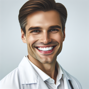 a photo realistic professionally appealing image of a good looking and athletic 35 to 45 year old happy smiling male white doctor with white teeth