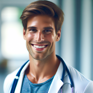 a photo realistic professionally appealing image of a good looking and athletic 35 to 45 year old happy smiling male white doctor with white teeth 323 300x300