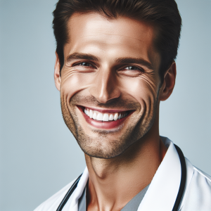 a photo realistic professionally appealing image of a good looking and athletic 35 to 45 year old happy smiling male white doctor with white teeth