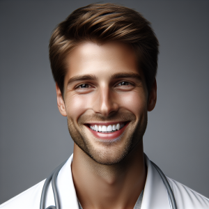 a photo realistic professionally appealing image of a good looking and athletic 35 to 45 year old happy smiling male white doctor with white teeth 365 300x300