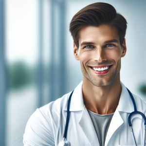 a photo realistic professionally appealing image of a good looking and athletic 35 to 45 year old happy smiling male white doctor with white teeth 368 300x300