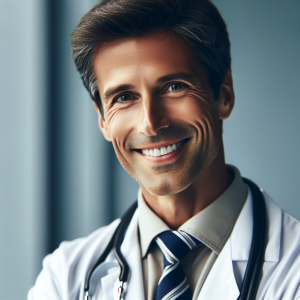 a photo realistic professionally appealing image of a good looking and athletic 35 to 45 year old happy smiling male white doctor with white teeth