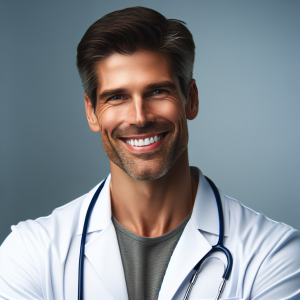 a photo realistic professionally appealing image of a good looking and athletic 35 to 45 year old happy smiling male white doctor with white teeth 570 300x300