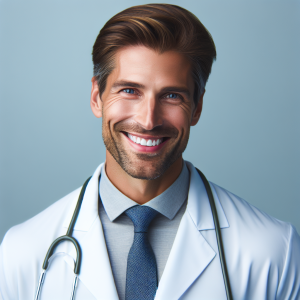 a photo realistic professionally appealing image of a good looking and athletic 35 to 45 year old happy smiling male white doctor with white teeth