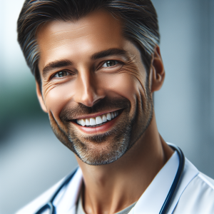 a photo realistic professionally appealing image of a good looking and athletic 35 to 45 year old happy smiling male white doctor with white teeth