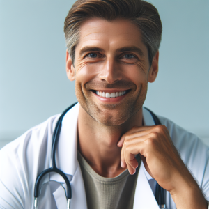 a photo realistic professionally appealing image of a good looking and athletic 35 to 45 year old happy smiling male white doctor with white teeth