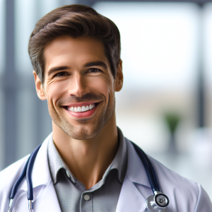 a photo realistic professionally appealing image of a good looking and athletic 35 to 45 year old happy smiling male white doctor with white teeth