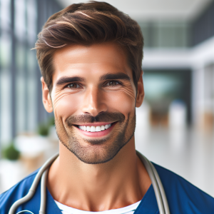 a photo realistic professionally appealing image of a good looking and athletic 35 to 45 year old happy smiling male white doctor with white teeth 801 300x300