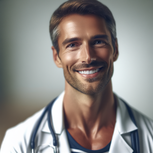 a photo realistic professionally appealing image of a good looking and athletic 35 to 45 year old happy smiling male white doctor with white teeth