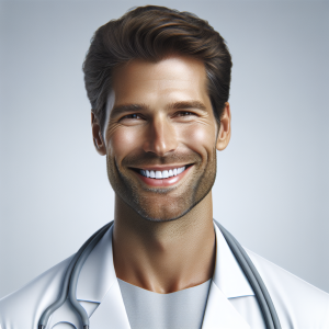 a photo realistic professionally appealing image of a good looking and athletic 35 to 45 year old happy smiling male white doctor with white teeth 951 300x300