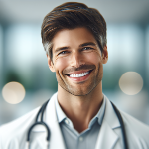 a photo realistic professionally appealing image of a good looking and athletic 35 to 45 year old happy smiling male white doctor with white teeth