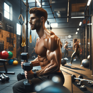 a photo realistic professionally appealing image of a good looking and athletic white man exercising in a gym