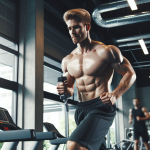 a photo realistic professionally appealing image of a good looking and athletic white man exercising in a gym 180 300x300