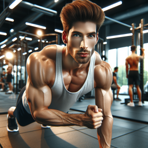 a photo realistic professionally appealing image of a good looking and athletic white man exercising in a gym