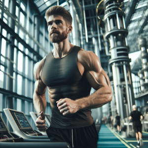 a photo realistic professionally appealing image of a good looking and athletic white man exercising in a gym