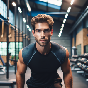 a photo realistic professionally appealing image of a good looking and athletic white man exercising in a gym