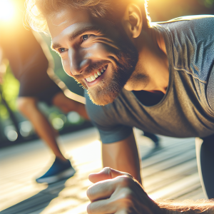 a photo realistic professionally appealing image of a good looking and athletic white man exercising or playing sports outside on a sunny day