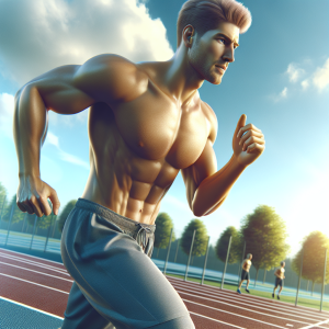 a photo realistic professionally appealing image of a good looking and athletic white man exercising or playing sports outside on a sunny day 419 300x300