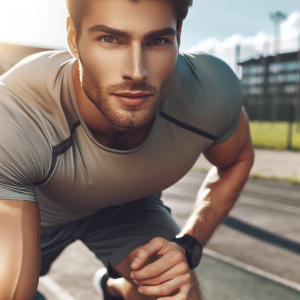 a photo realistic professionally appealing image of a good looking and athletic white man exercising or playing sports outside on a sunny day