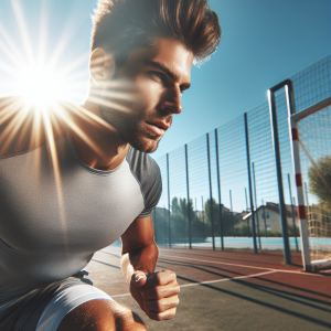 a photo realistic professionally appealing image of a good looking and athletic white man exercising or playing sports outside on a sunny day 696 300x300