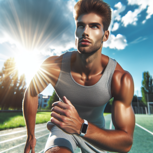 a photo realistic professionally appealing image of a good looking and athletic white man exercising or playing sports outside on a sunny day