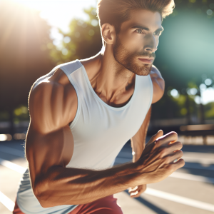 a photo realistic professionally appealing image of a good looking and athletic white man exercising or playing sports outside on a sunny day