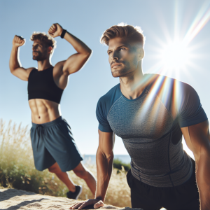 a photo realistic professionally appealing image of a good looking and athletic white man exercising or playing sports outside on a sunny day