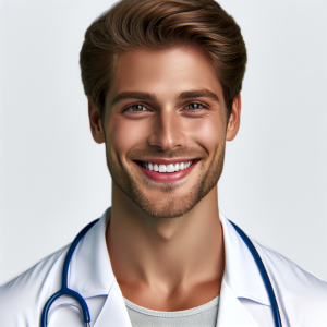 a photorealistic professional appealing image of a good looking and athletic 35 to 45 year old happy smiling male caucasian doctor with white teeth