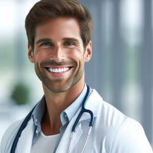 a photorealistic professional appealing image of a good looking and athletic 35 to 45 year old happy smiling male caucasian doctor with white teeth