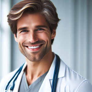 a photorealistic professional appealing image of a good looking and athletic 35 to 45 year old happy smiling male caucasian doctor with white teeth 576 300x300