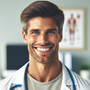 a photorealistic professional appealing image of a good looking and athletic 35 to 45 year old happy smiling male caucasian doctor with white teeth