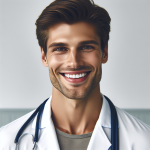 a photorealistic professional appealing image of a good looking and athletic 35 to 45 year old happy smiling male caucasian doctor with white teeth 867 300x300