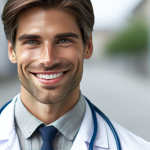 a photorealistic professional appealing image of a good looking and athletic 35 to 45 year old happy smiling male caucasian doctor with white teeth