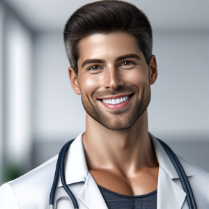 a photorealistic professional appealing image of a good looking and athletic 35 to 45 year old happy smiling male caucasian doctor with white teeth