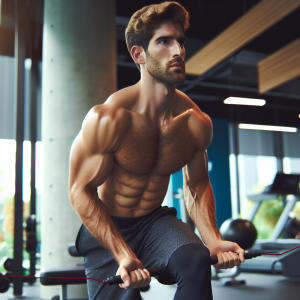 a photorealistic professional appealing image of a good looking and athletic caucasian man exercising in a gym