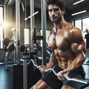 a photorealistic professional appealing image of a good looking and athletic caucasian man exercising in a gym