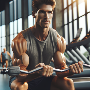 a photorealistic professional appealing image of a good looking and athletic caucasian man exercising in a gym