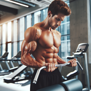 a photorealistic professional appealing image of a good looking and athletic caucasian man exercising in a gym