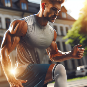 a photorealistic professional appealing image of a good looking and athletic caucasian man exercising or playing sports outside on a sunny day