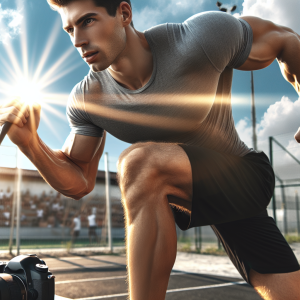 a photorealistic professional appealing image of a good looking and athletic caucasian man exercising or playing sports outside on a sunny day