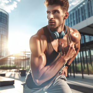 a photorealistic professional appealing image of a good looking and athletic caucasian man exercising or playing sports outside on a sunny day