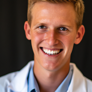 a professional and visually appealing image of a young happy smiling caucasian doctor with white teeth